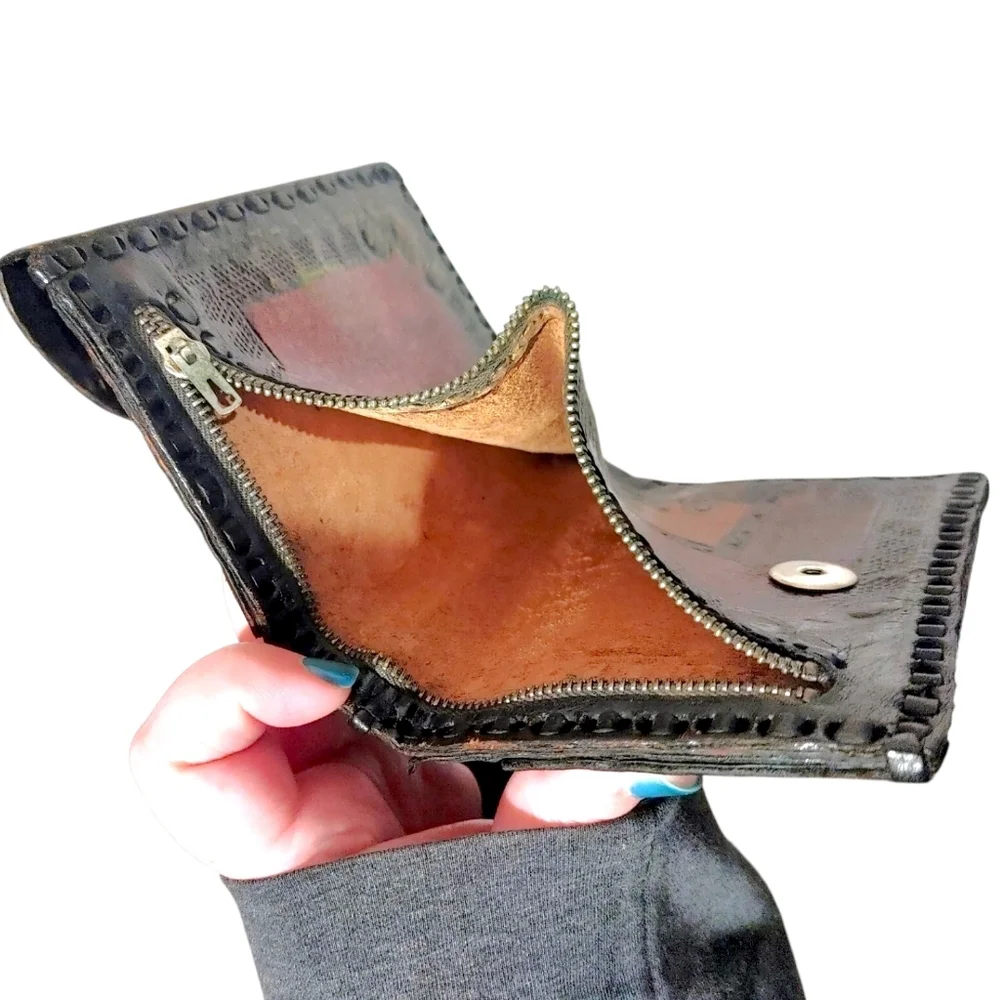 Handcrafted Hand-Tooled Leather Red Orange Bi Fold Western Snap Button Wallet